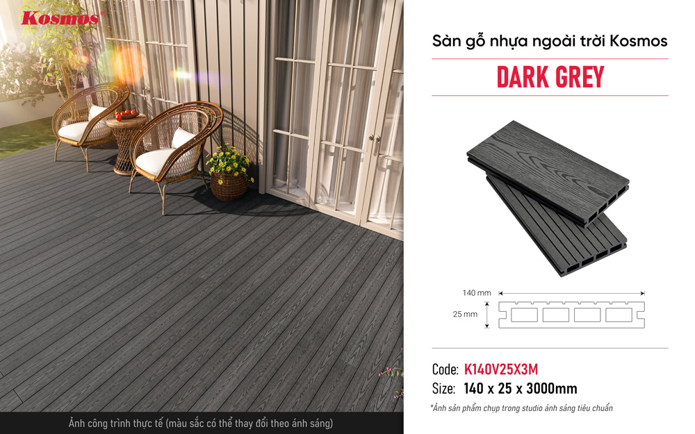 Sàn gỗ nhựa ngoài trời lỗ vuông Kosmos K140V25X3M Dark Grey