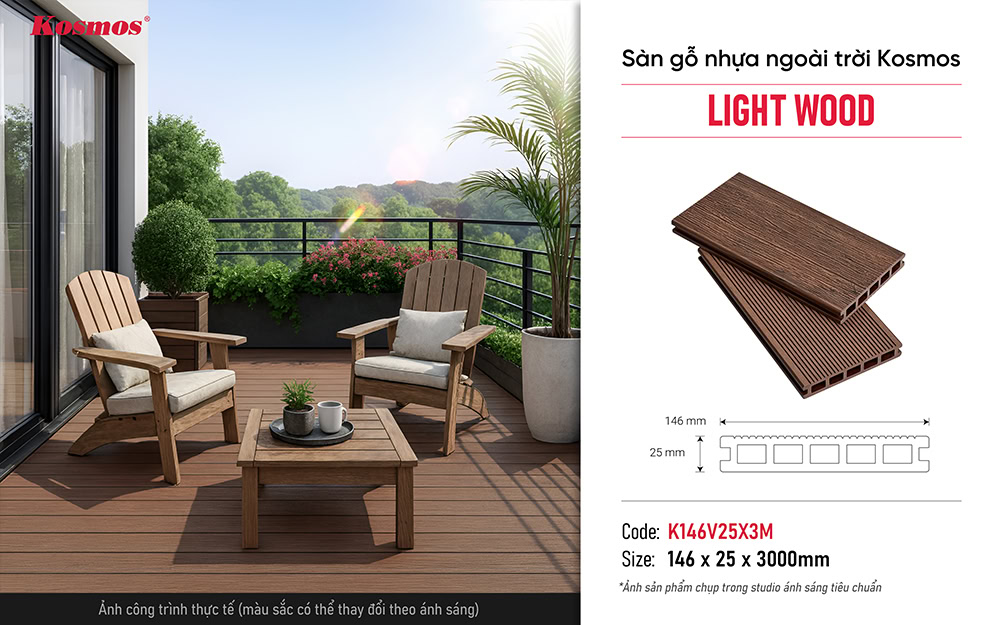 Sàn gỗ nhựa ngoài trời lỗ vuông Kosmos K146V25X3M Light Wood