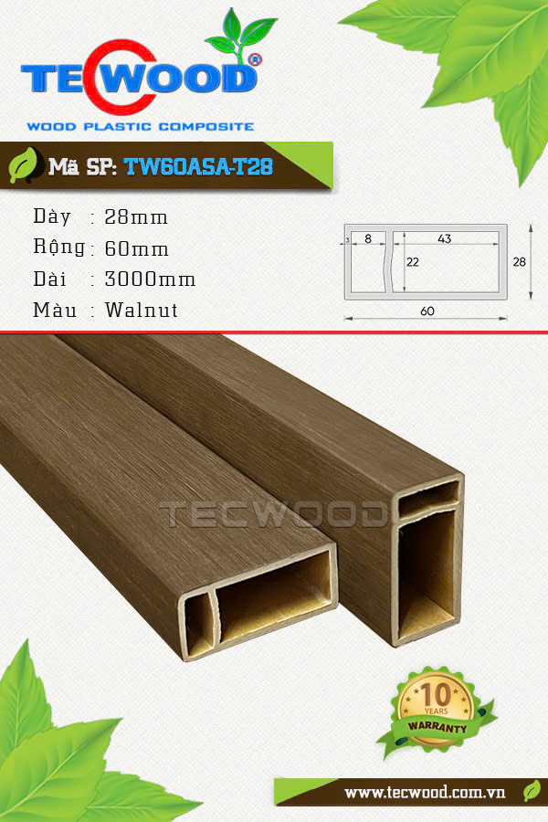 Thanh lam gỗ nhựa TecWood TW60ASA-T28 màu Walnut