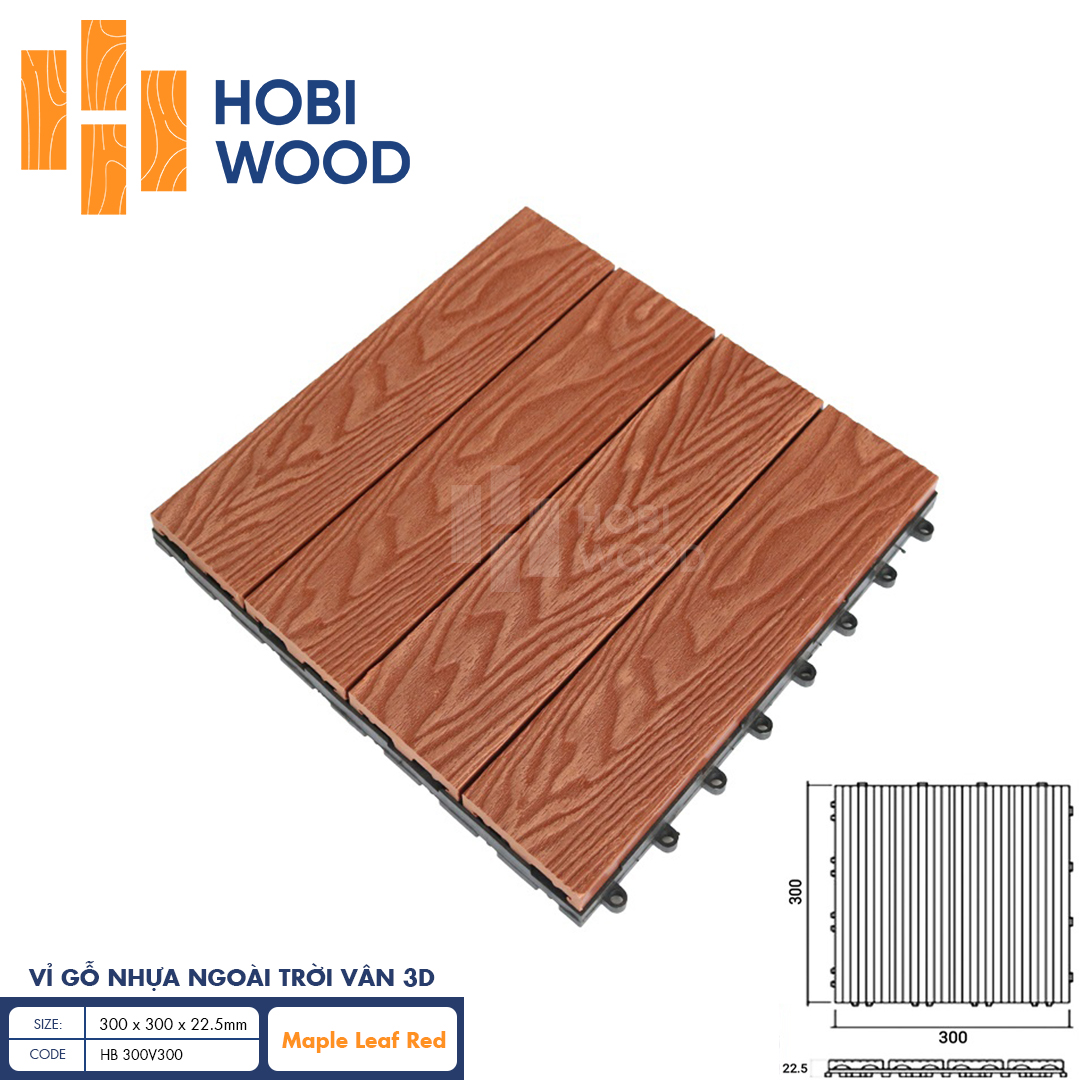 Vỉ gỗ nhựa ngoài trời vân 3D HobiWood (Maple–Leaf Red)